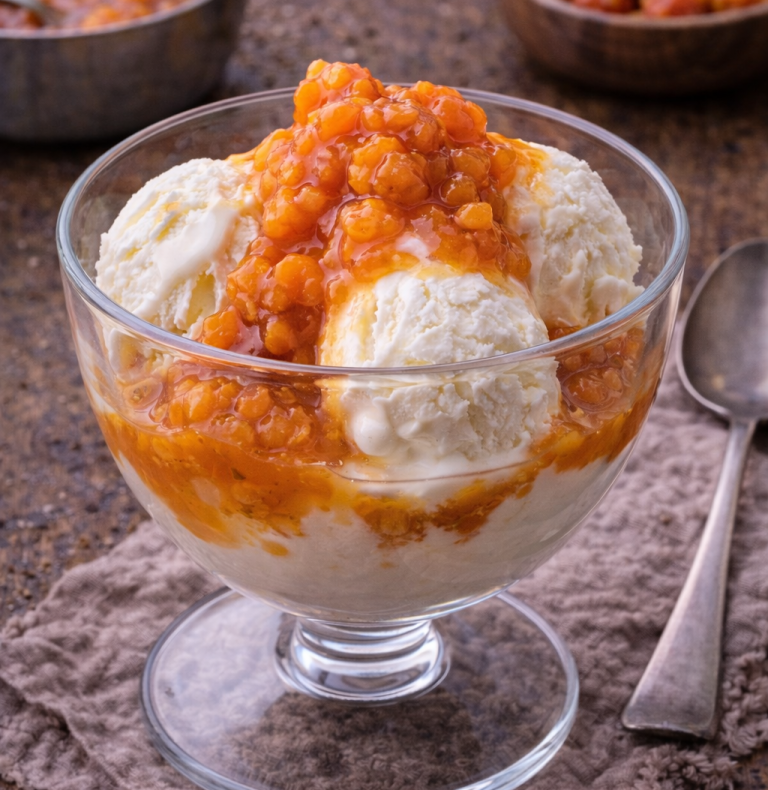 Skål med tre kulor vaniljglass toppad med apelsinsås och bitsk bits av frukt.