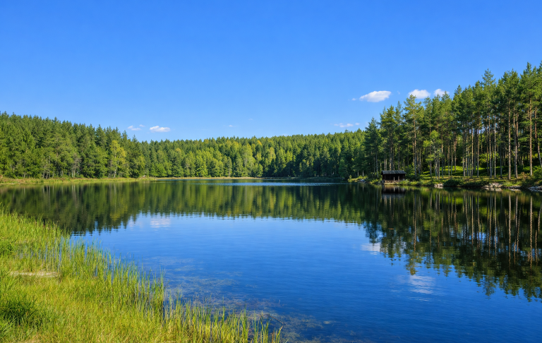 Lugn sjö omgiven av grönskande skog och klarblå himmel.