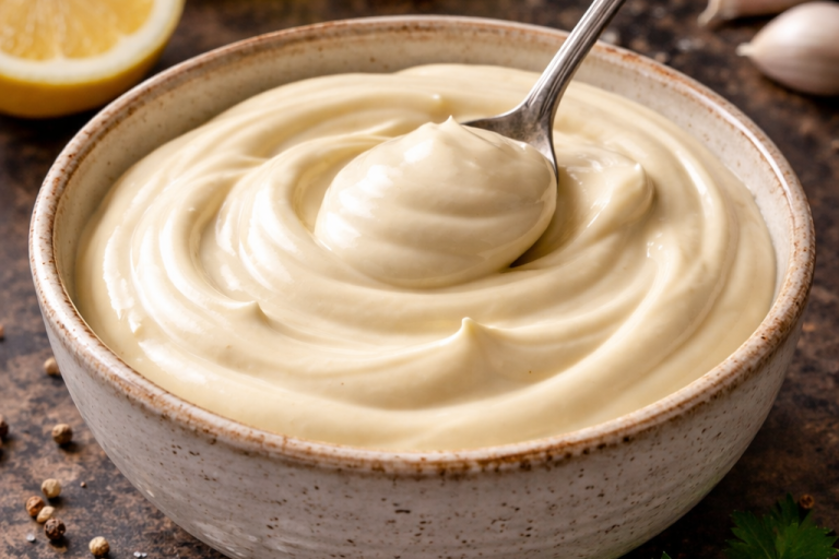 Krämsås i en skål med en sked, med citronskivor och vitlök i bakgrunden.