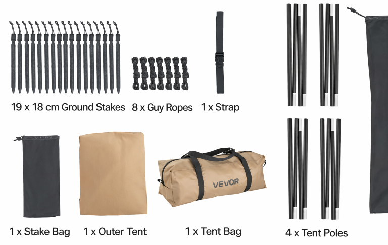 Utrustning för tältuppsättning: jordspett, stödlinor, påsar och tältstänger.