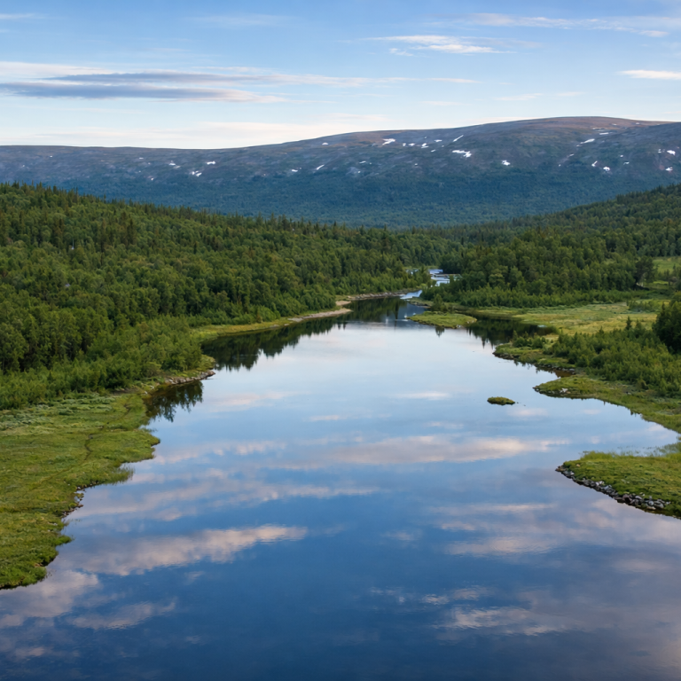 Lugn flod i en grön dal omgiven av fjäll och blå himmel.