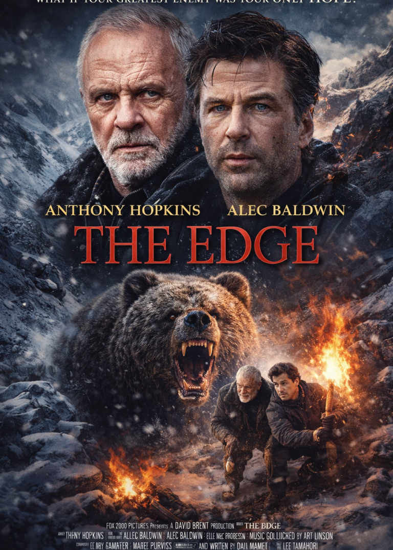 Affisch för filmen "The Edge", med två män och en björn i en vildmarksmiljö.