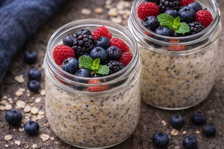 Havregryn med bär och mynta i glasburkar på en mörk yta.