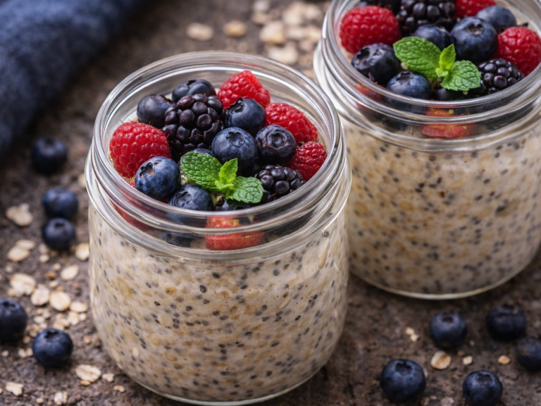 Havregrynsgröt med bär och mynta i glasburkar.