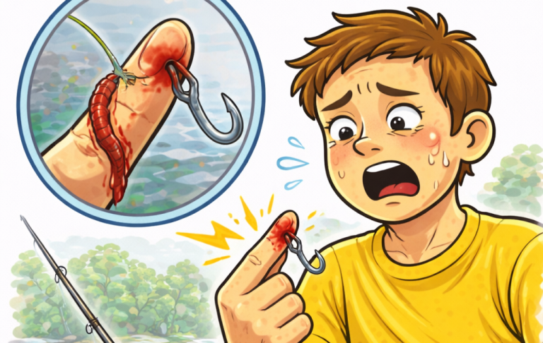 En pojke ser skrämd ut efter att ha fått ett fiskekrok i fingret, blödande sår.