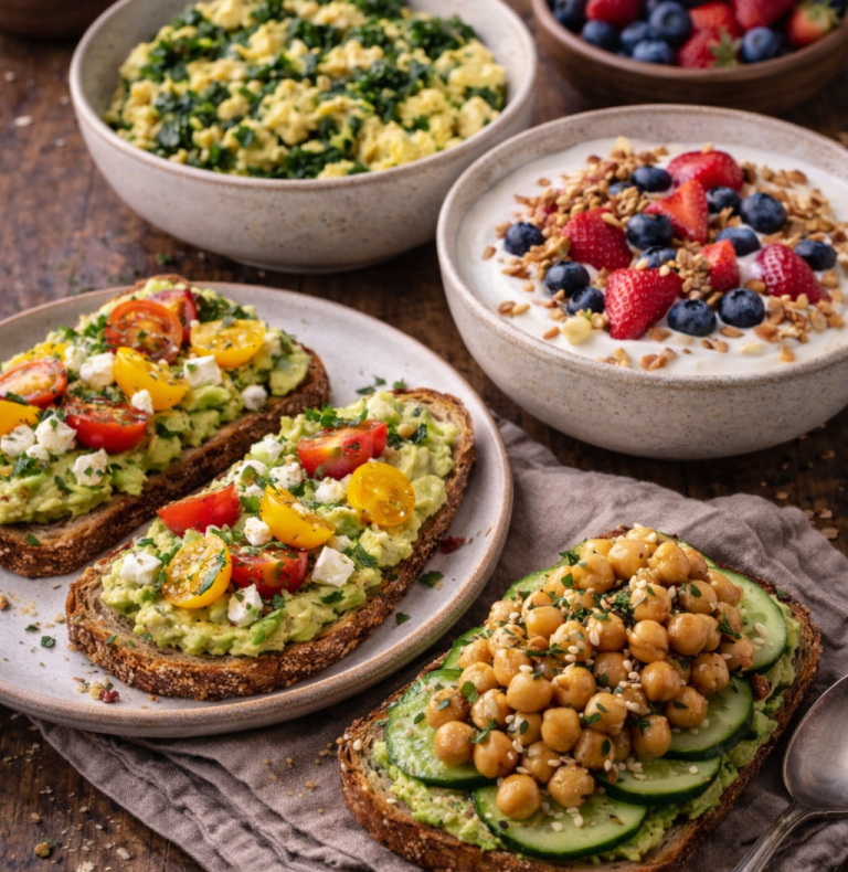 Flera tallrikar med smörgåsar, grönsaker och fruktsallad.