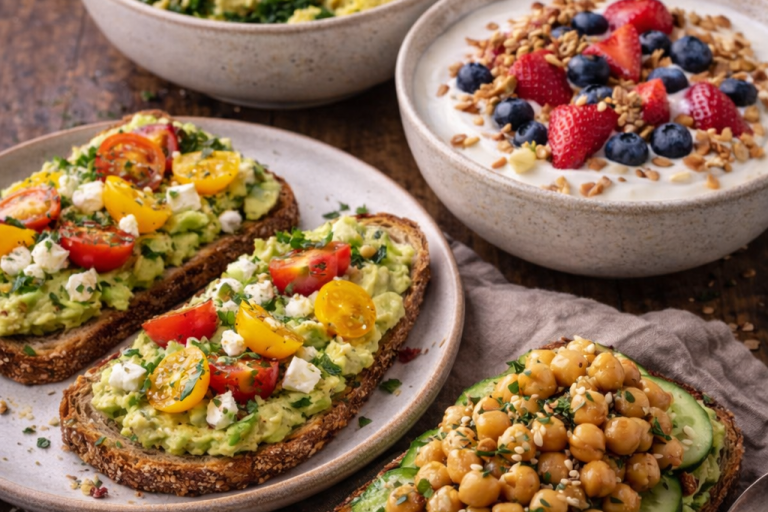 Rostat bröd med avokado, tomater och kikärtor, samt en skål med yoghurt och bär.