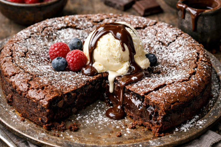 Chokladkaka med vaniljglass, bär och chokladsås på en tallrik.