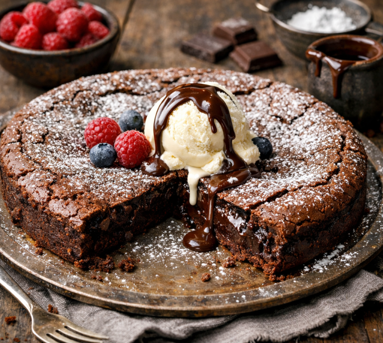 Chokladkladdkakstårta med vaniljglass, hallon, blåbär, florsocker och chokladsås på en tallrik.