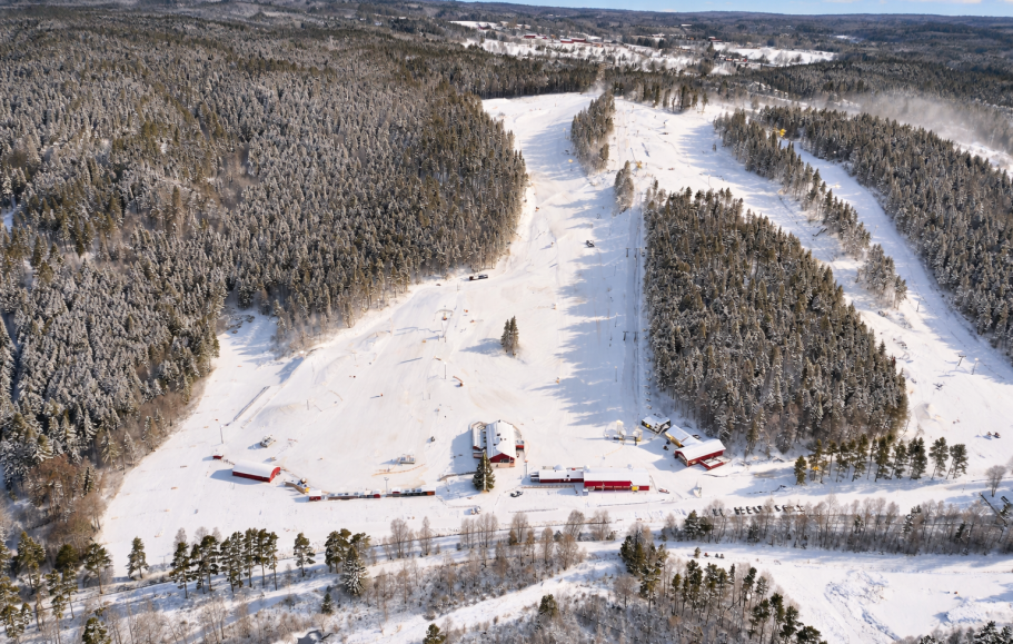Vinterlandskap med snötäckta backar och röda byggnader i en skog.