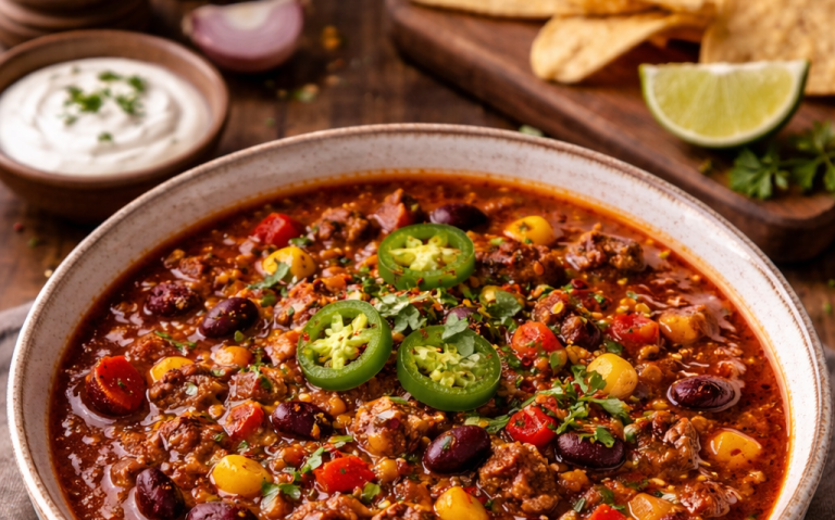 Kryddig köttgryt med bönor, grönsaker, jalapeños och toppings av gräddfil och lime.