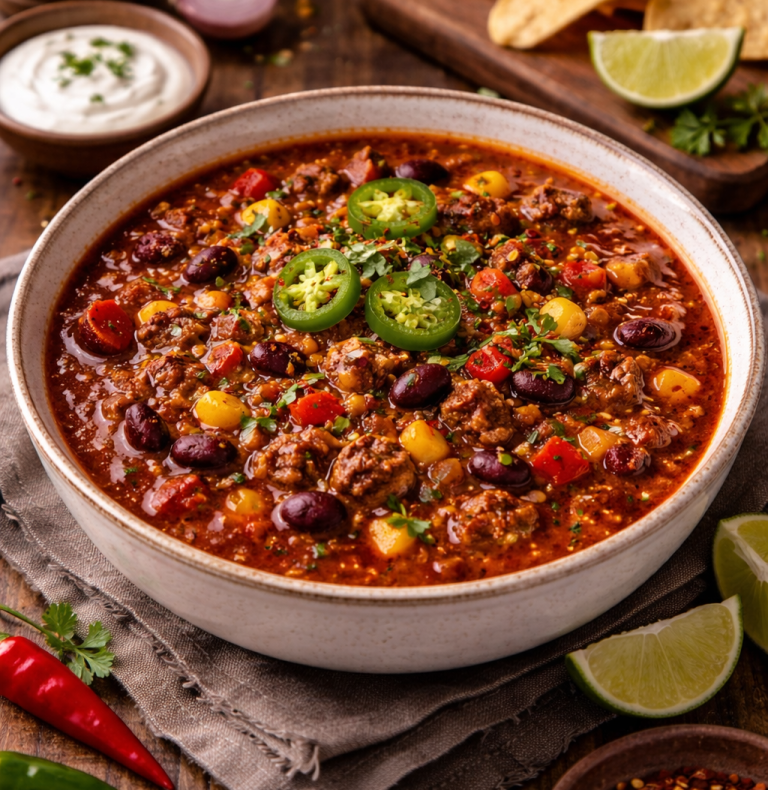 Köttfärs chili med bönor, grönsaker och skivor av jalapeño, serverat med lime och nachos.