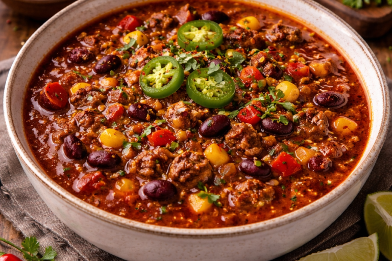 Kryddig köttfärssoppa med bönor, paprikor och skivade jalapeños, serverad i skål.