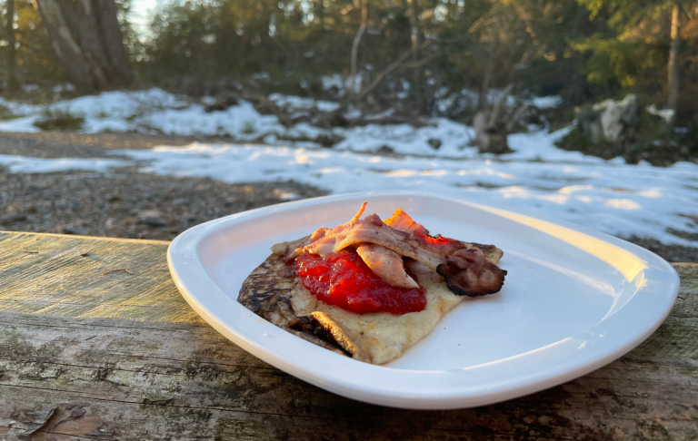 En tallrik med en bit rågbröd toppad med kött och ketchup, omgiven av snöiga träd.