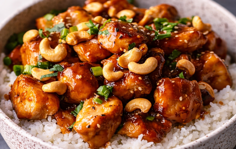 Kyckling med cashewnötter i sås, serverad på en bädd av ris.