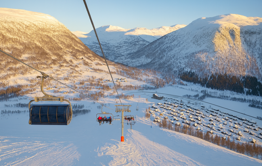 Illustration av Stolslift med utsikt över snötäckta berg och dalar i vinterlandskap.