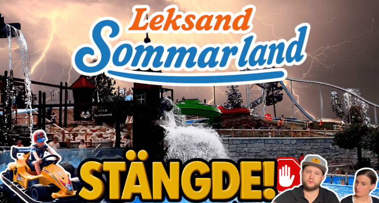 The wilderness Family besöker Leksan Sommarland Logotyp för Leksand Sommarland med texten "STÄNGT!" och bilder på vattenattraktioner.