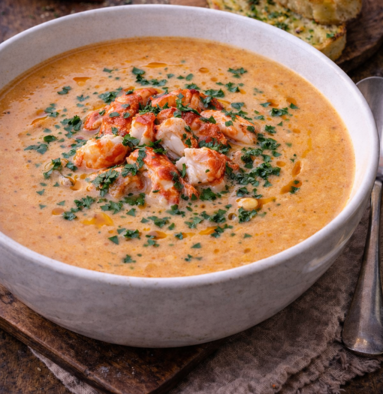 Soppa med räkor och grönsaker, garnerad med persilja.