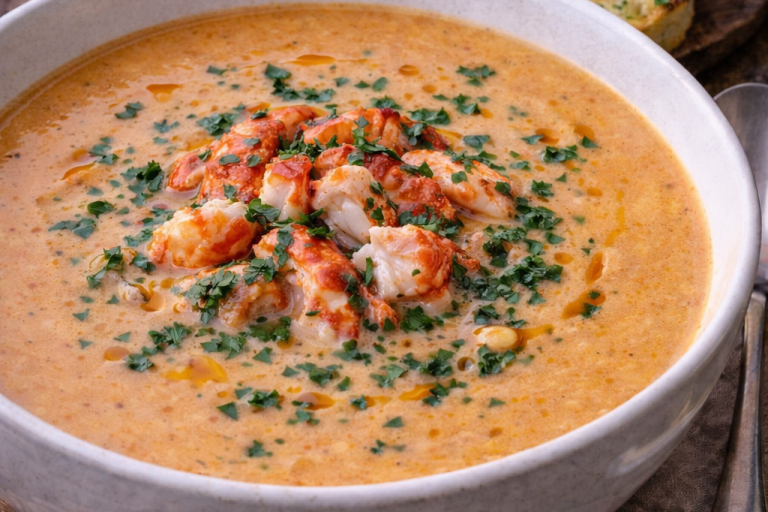 Krämig skaldjurssoppa med räkor och grönsaker, toppad med hackad grön persilja.