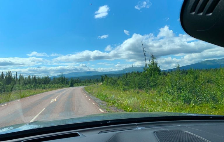 Bilväg omgiven av grönska och fjärran berg under en blå himmel med moln en semesterdag.