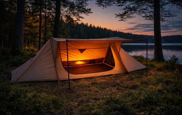 VEVOR Hot-Tent i skogen vid sjön, upplyst av en varm inre glöd vid solnedgång.