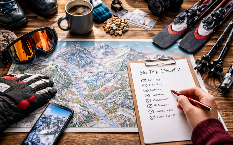 Karta över skidområde med checklistor, skidutrustning och en kopp kaffe.