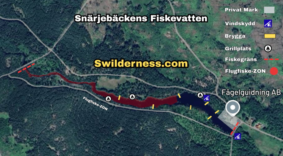 Karta över fiskevatten vid Snärjebäcken med väg, bryggor, grillplatser, fiskezoner.