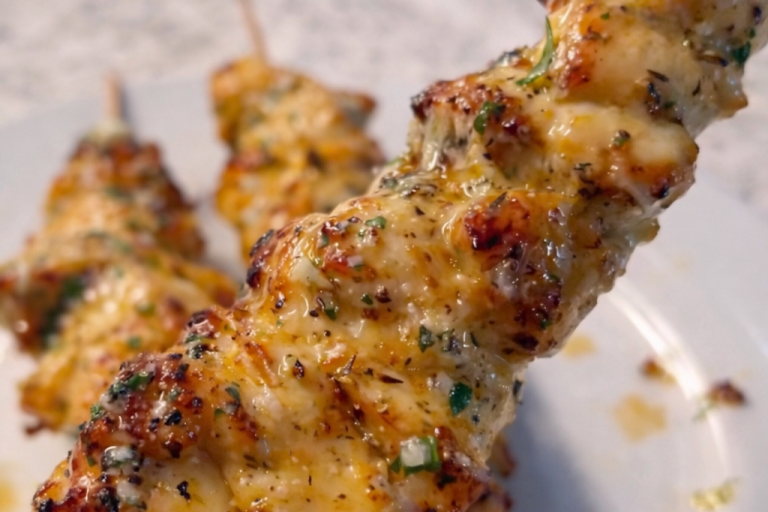 Grillspett med marinad, gyllenbruna och täckta av örter.