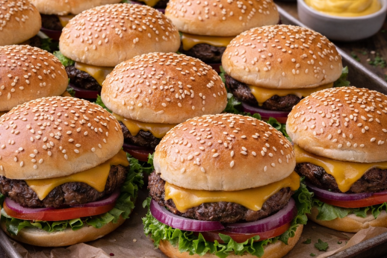 Flera hamburgare med cheddarsy, sallad, tomat och lök på sesambröd.