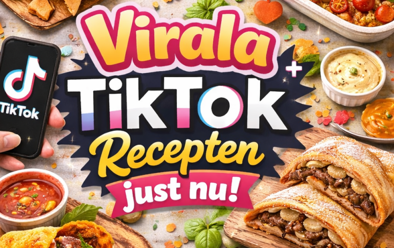 Text med "Virala TikTok Recepten just nu!" omgiven av mat och snacks.