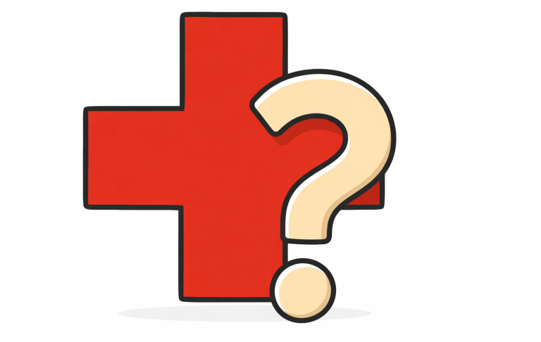 Röd korssymbol med en fråga som illustrerar osäkerhet om vård eller hjälp.