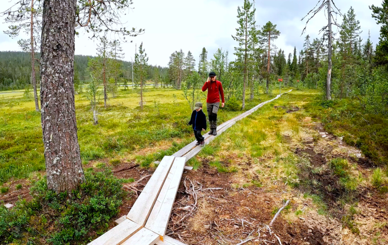 En man och ett barn går på en plankgång över en grön och skogig äng.