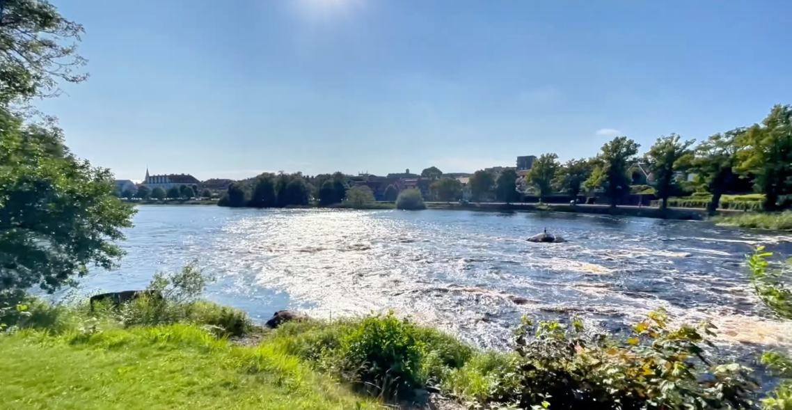 Ätran vid vallarnas friluftsområde Soligt landskap vid en sjö med spegelblanka vattenytor och grönska.
