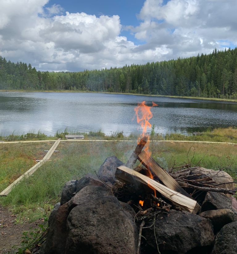 Lugnt vattendrag omgiven av tät, grönskande skog under en blå himmel med en lägereld framför.
