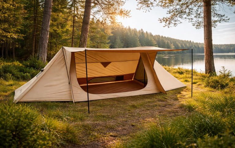 VEVOR Hot-Tent vid sjö med solnedgång och trädkantad omgivning.