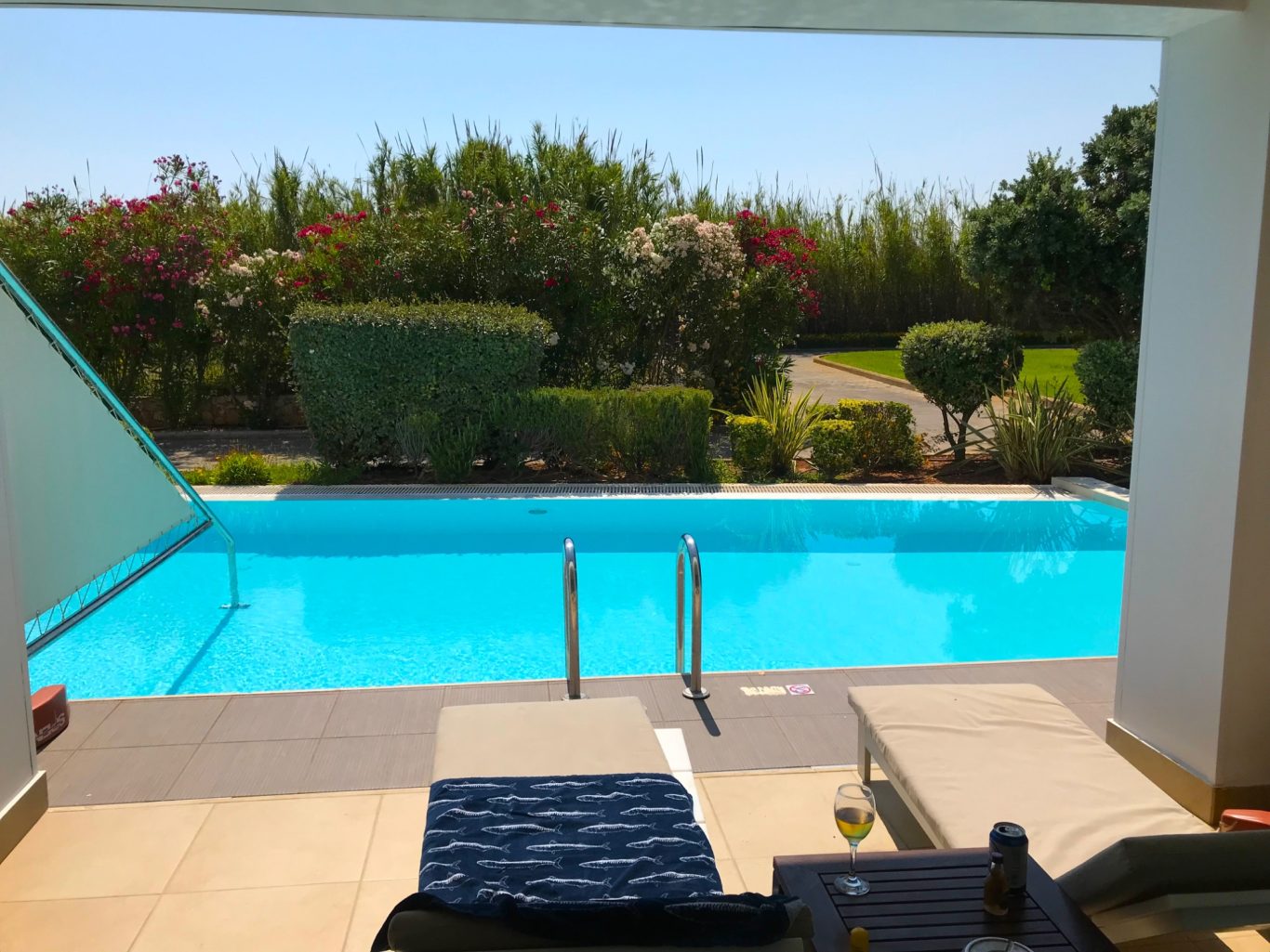 Vår pool med solbäddar Uteplats med solstolar och pool omgiven av grönska och blommor.