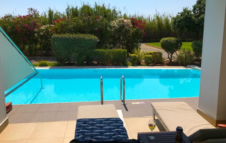 Utsikt över en pool med solstolar och grönska i bakgrunden.