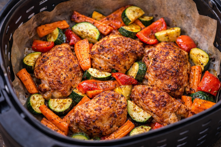 Kryddad kyckling med zucchini, paprikor och morötter i en airfryer.