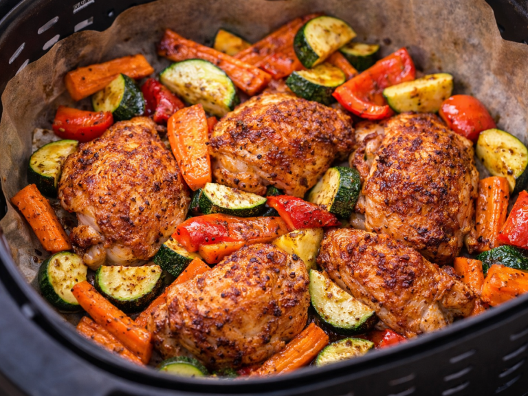 Ugnsbakade kycklinglår med grönsaker som morötter, zucchini och paprikor.