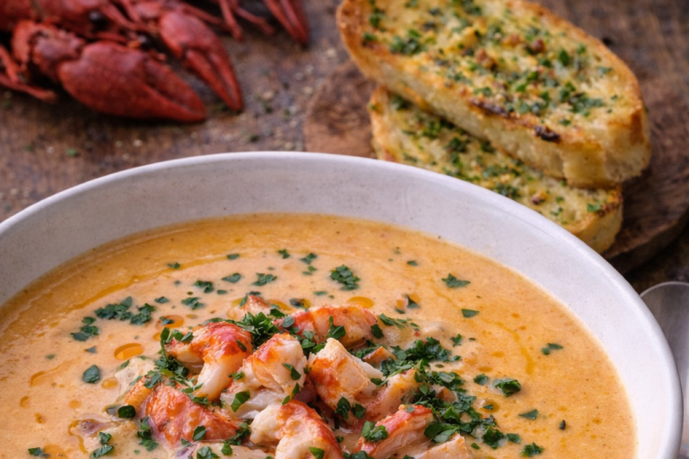 En skål med krabb- och räksoppa, garnerad med gräslök, och vitlöksbröd vid sidan.