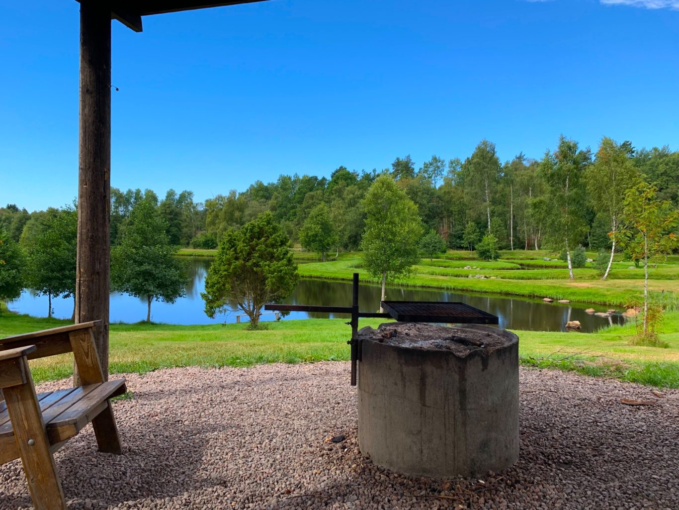 Grillplatsen hos Sunnedamm Sportfiske Utsikt över en lugn sjö med grönskande omgivning och en grillplats i förgrunden.