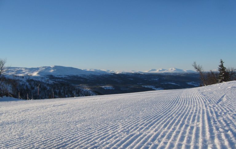 Snötäckt landskap med skidspår och fjärran berg i klarblå himmel.