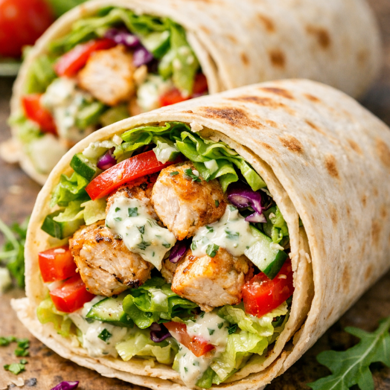 Två burritos fyllda med grönsaker och kyckling i tortillabröd.