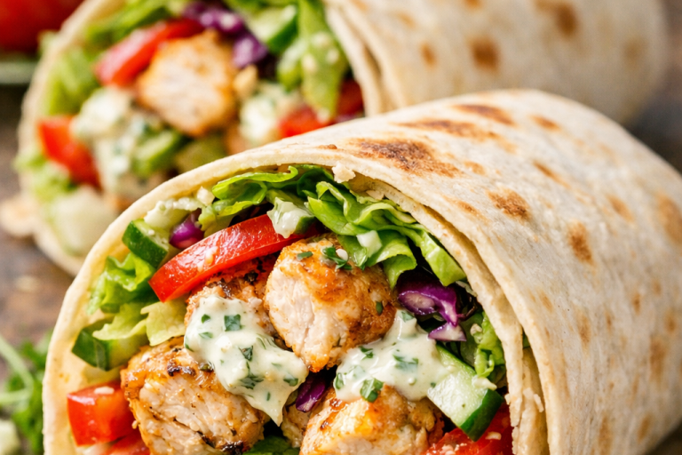 Två wrap med grillad kyckling, grönsaker och sås inuti tortillabröd.