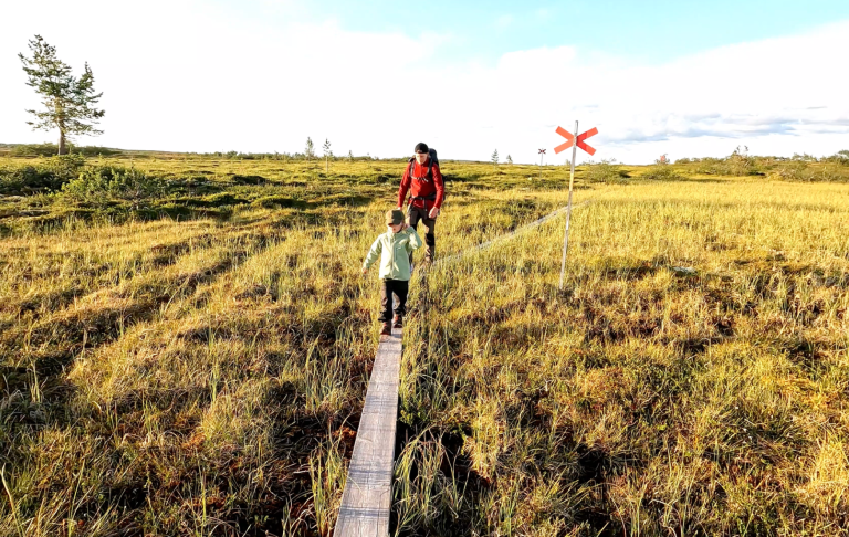 En vuxen och ett barn går på en träbro genom ett öppet fält med ett kors i bakgrunden.