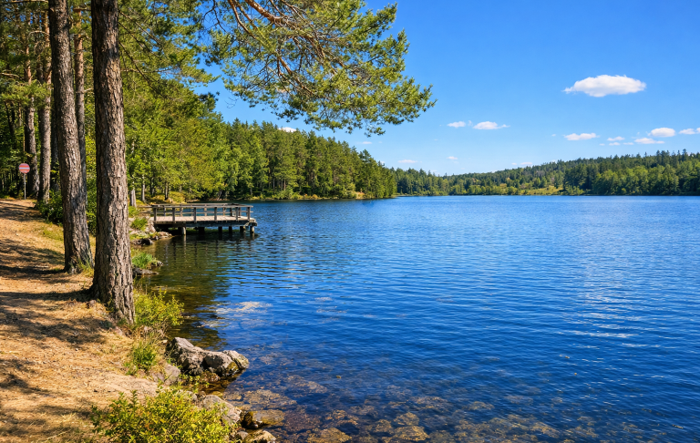 Lugnt sjölandskap med gröna träden och en brygga vid stranden under klarblå himmel.
