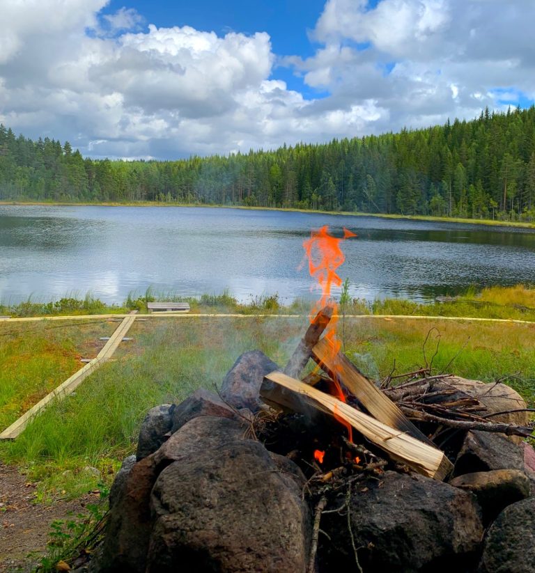 Eld som brinner på stenar vid en sjö omgiven av grönskande träd och molnig himmel.