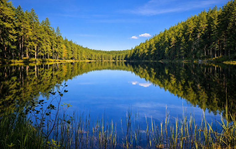 Lugnt insjölandskap omgiven av täta granskogar och klarblå himmel.