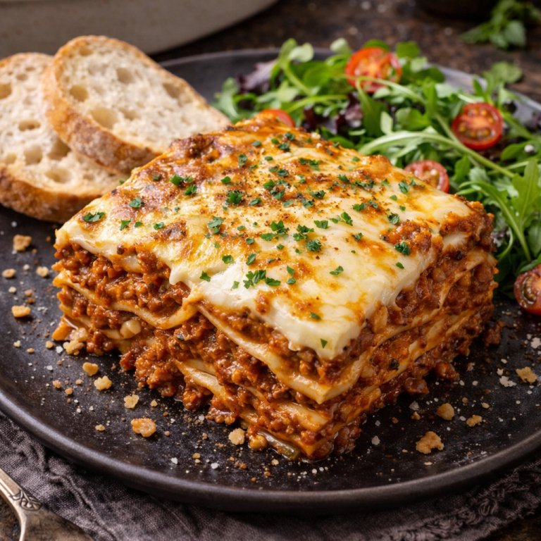 Ugnsform med gyllene lasagne i lager, serverad i generösa bitar. Lasagne med köttfärs och ost, serverad med bröd och grönsallad.