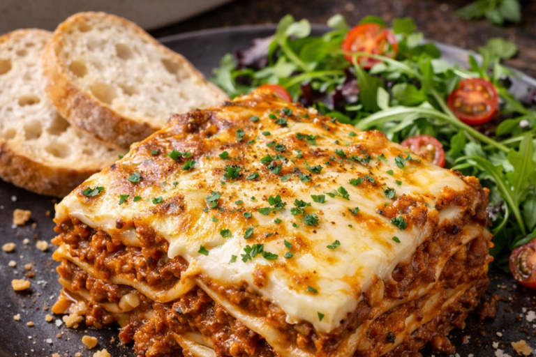 Lasagne med köttfärs, ost, grönsallad och bröd på en tallrik.